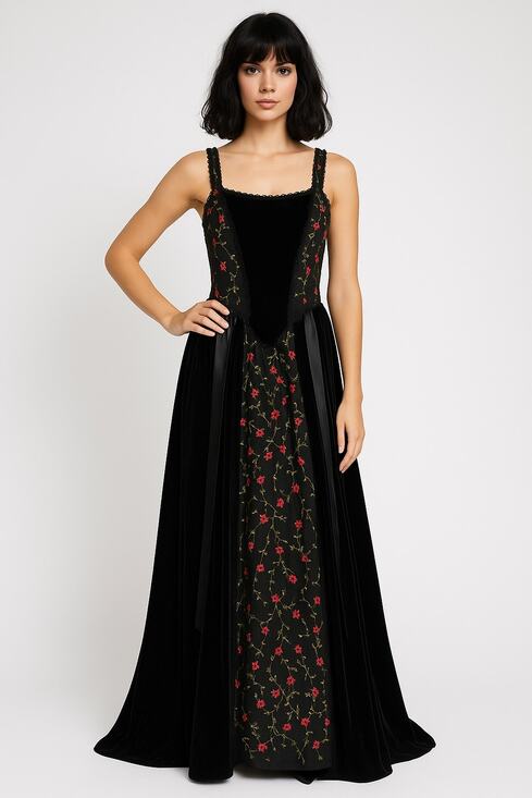 Vintage Dresses & Skirts - Late 80s Jeannie Nitro Gothic black velvet silk floral embroidered corset gown s